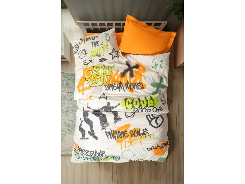 Genç Odası Tek Kişilik Nevresim Takımı Graffiti Oranj
