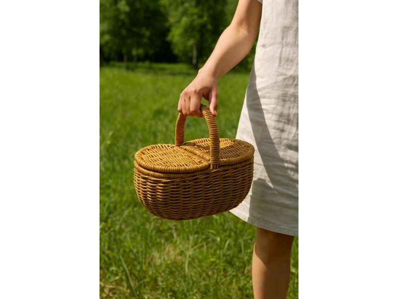 Hasır Rattan Oval Örme Piknik Sepeti 20 cm