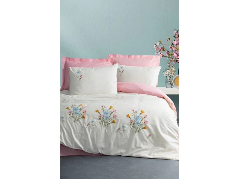 Nakışlı Ranforce Çift Kişilik Nevresim Takımı Delbin Pembe