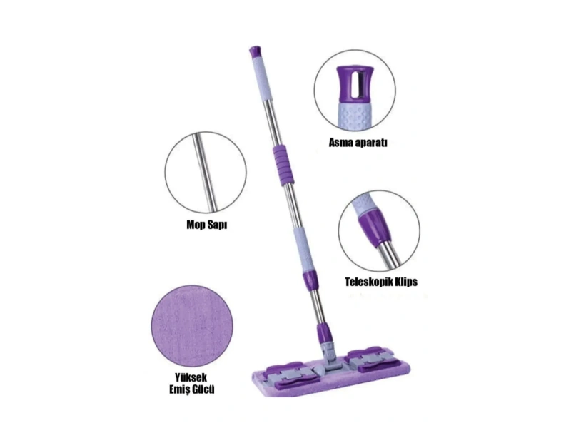 Panayır Home Mop Fayans Cam Duvar Yüzey Temizlik Mikrofiber Mandallı Mop 130cm