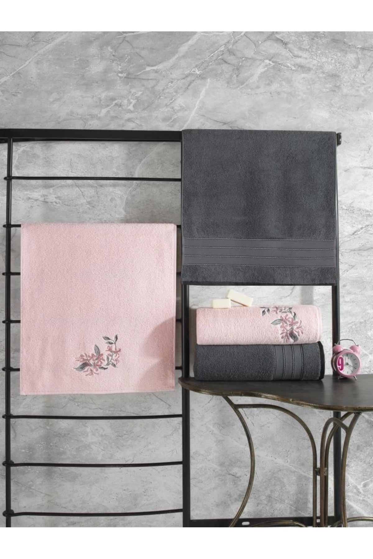 %100 Pamuk Hamam Havlu Seti Colorful Antrasit-Pembe