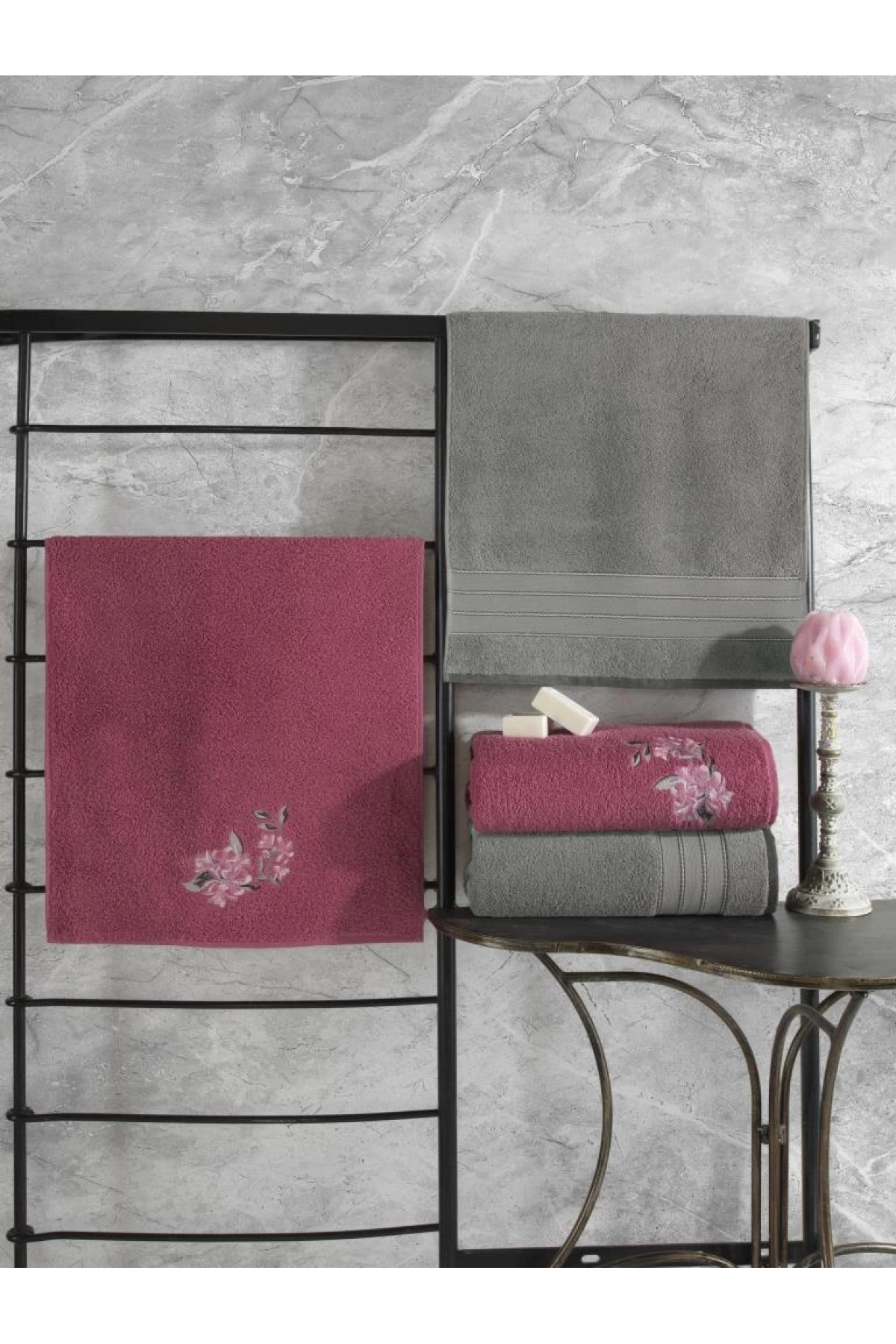 %100 Pamuk Hamam Havlu Seti Colorful Gri-Pembe