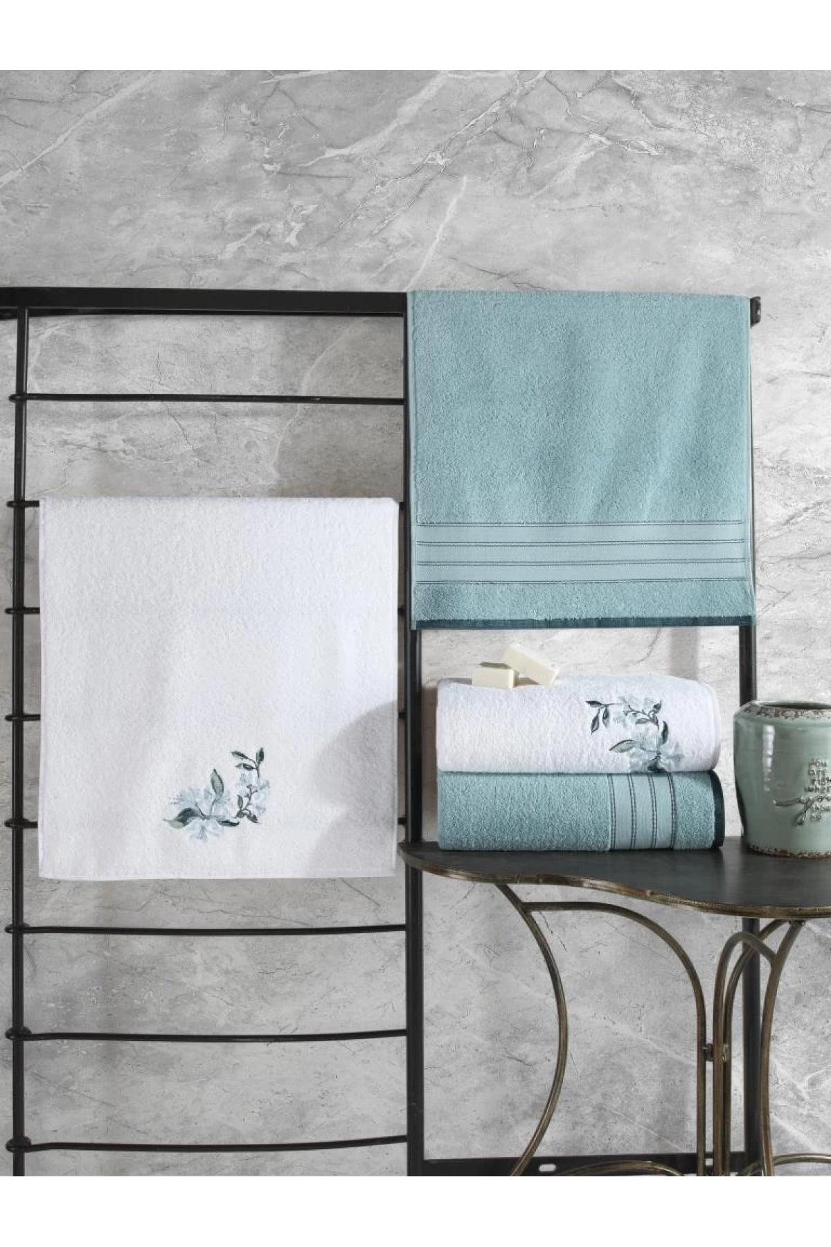 %100 Pamuk Hamam Havlu Seti Colorful Mint-Beyaz