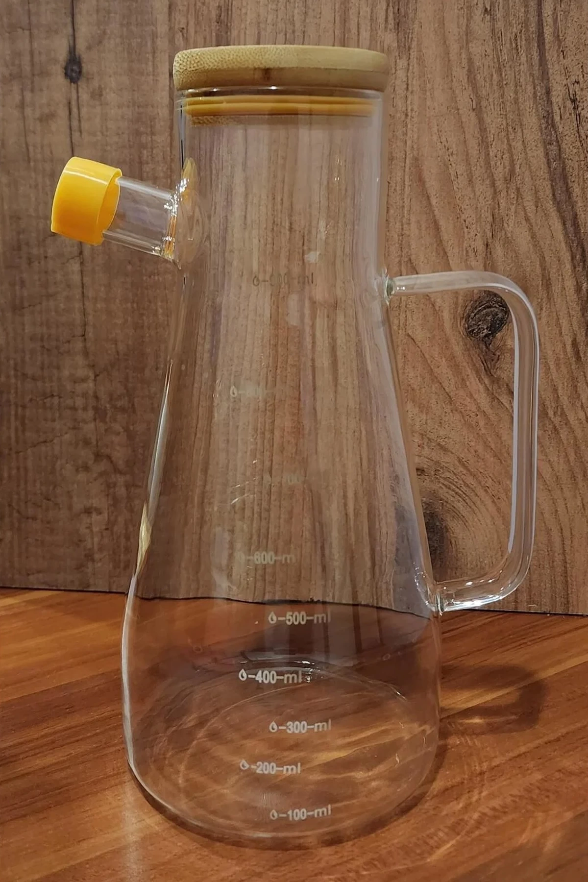 Borosilikat Damlatmaz Bambu Kapaklı Cam Yağlık 900ml