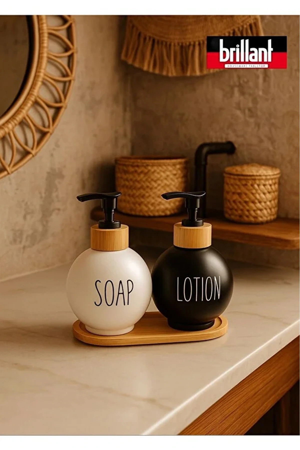 Brillant Bambu Standlı Lüks Sıvı Sabunluk 2li 500 ml Siyah-Beyaz