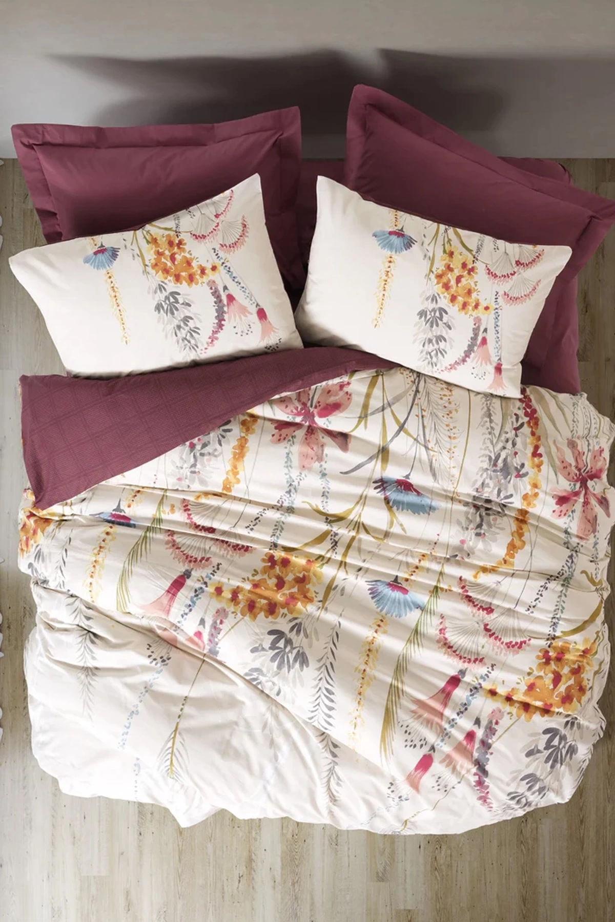 Çift Kişilik Nevresim Takımı Flos Bordo