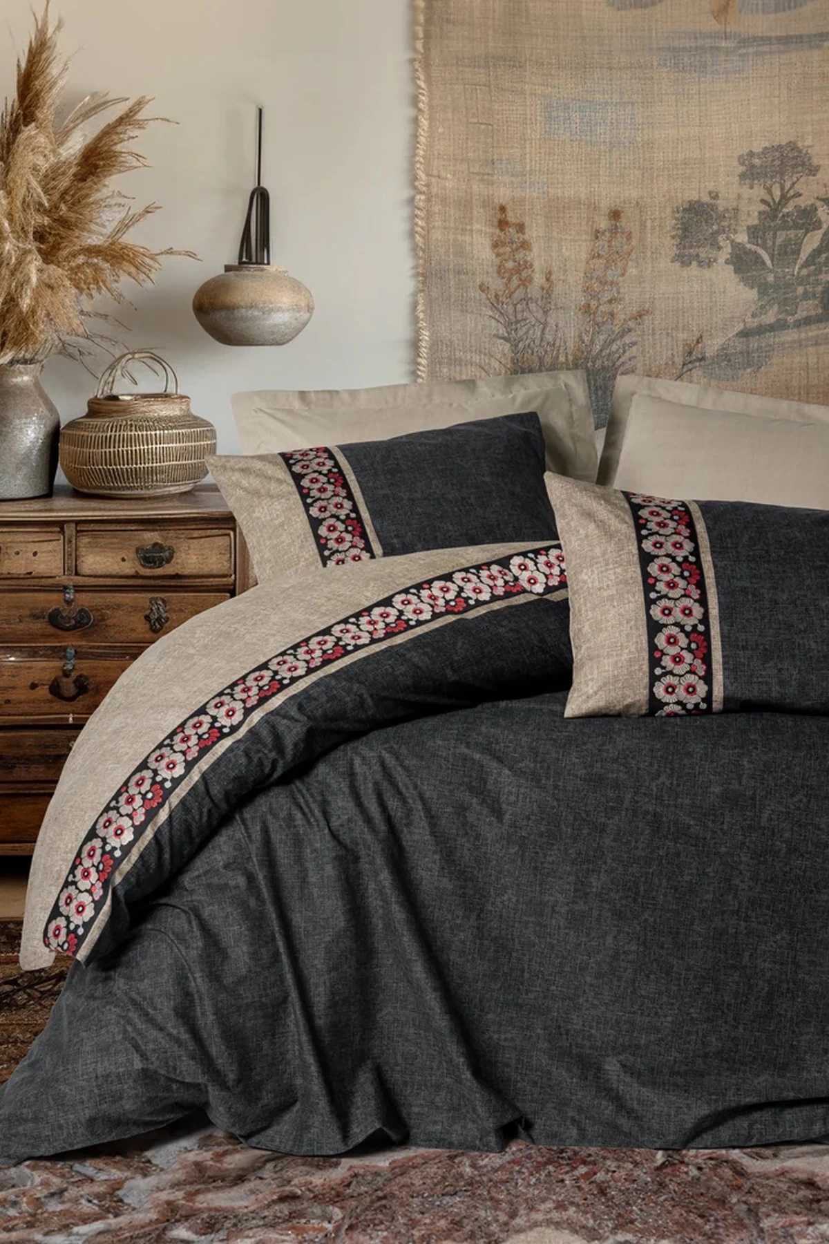 Folk Art Çift Kişilik Nevresim Takımı Yamka Bej