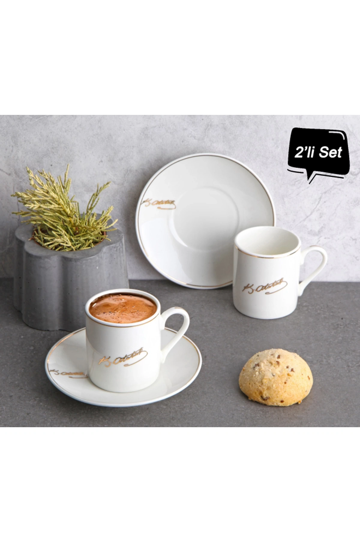 Porselen Atatürk İmzalı 2li Kahve Takımı