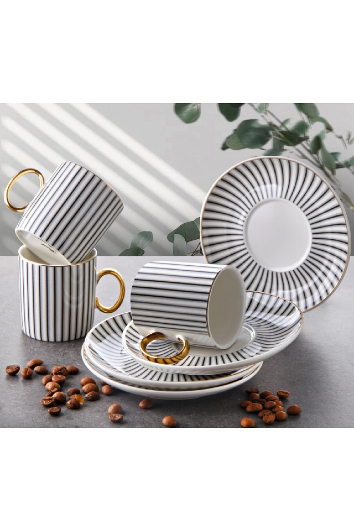 Porselen Çizgi Desen 6 Kişilik Kahve Takımı