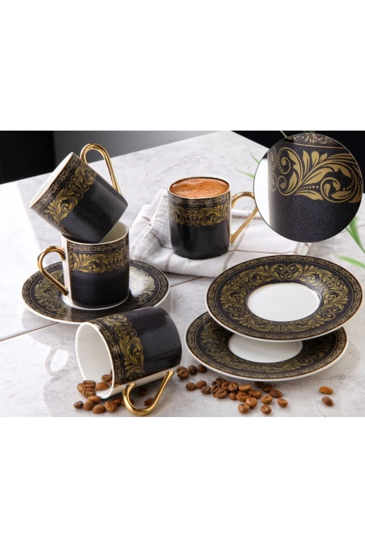 Siyah Desenli 6lı Porselen Kahve Takımı G3408