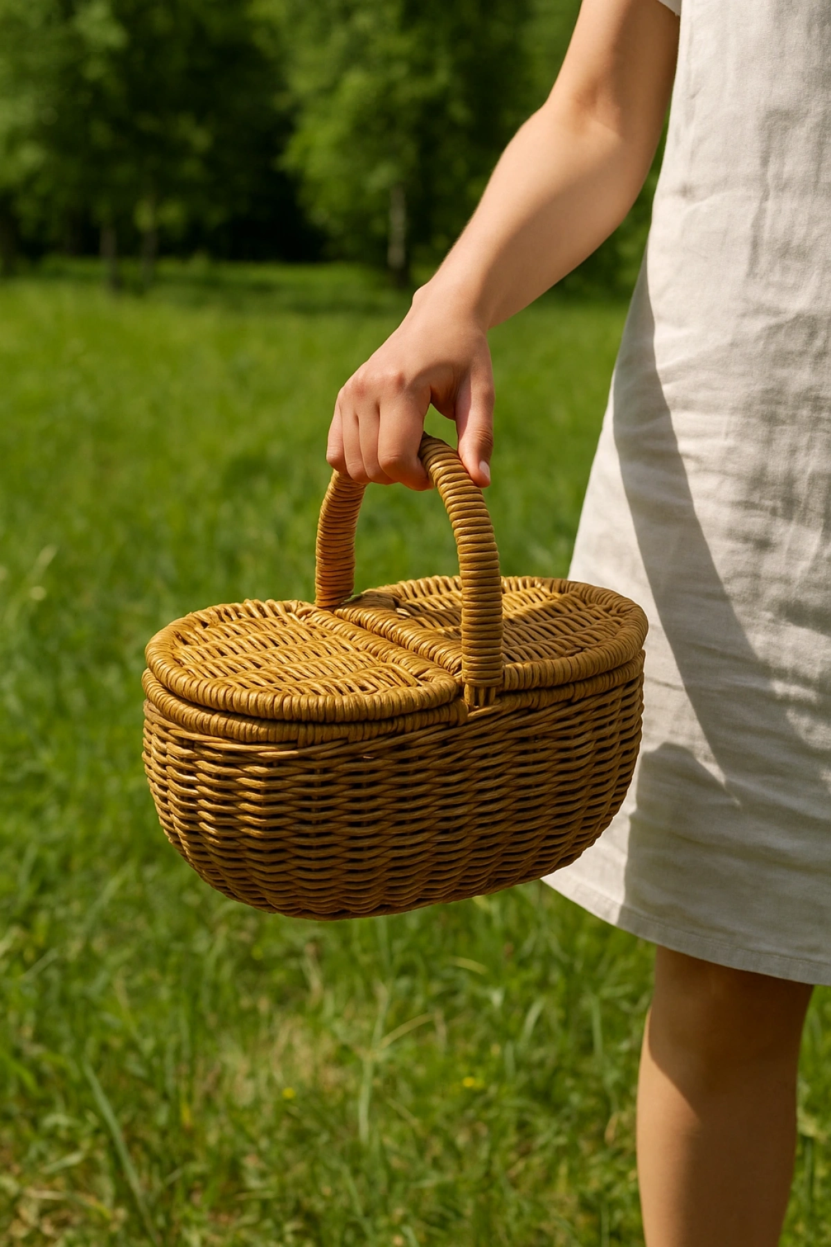 Hasır Rattan Oval Örme Piknik Sepeti 20 cm