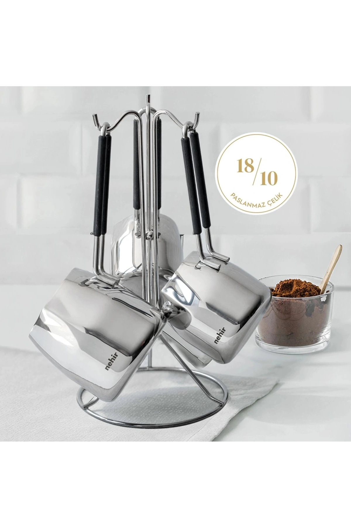 Nehir Modern 4 Parça Standlı Paslanmaz Çelik Cezve Seti