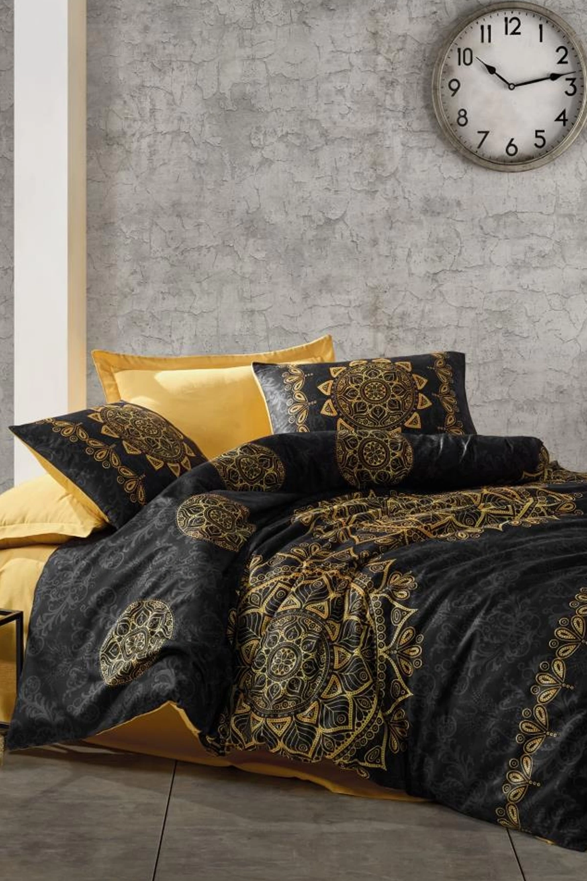 Saten Çift Kişilik Nevresim Takımı Alvina Gold