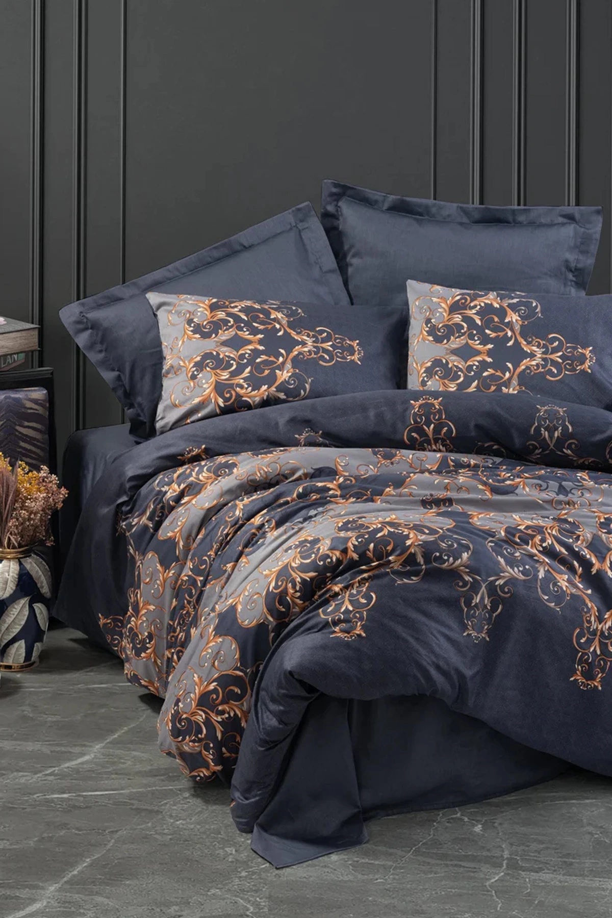 Saten Çift Kişilik Nevresim Takımı Sarina Lacivert