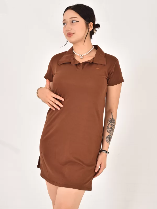 Kadın Polo Yaka Kısa Kol Oversize Fit Kısa Elbise