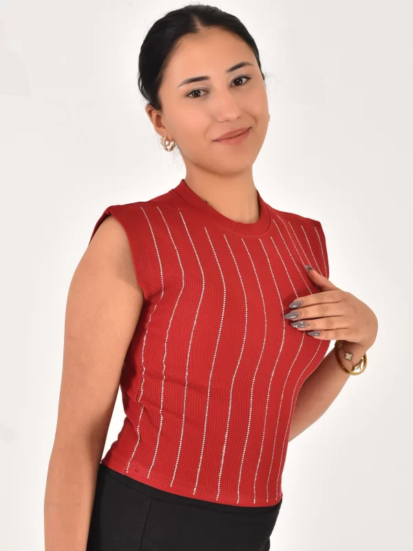 Kadın Sıfır Kol Taşlı Bluz