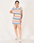 Kadın Çizgili Yakalı Lakos Kumaş Elbise