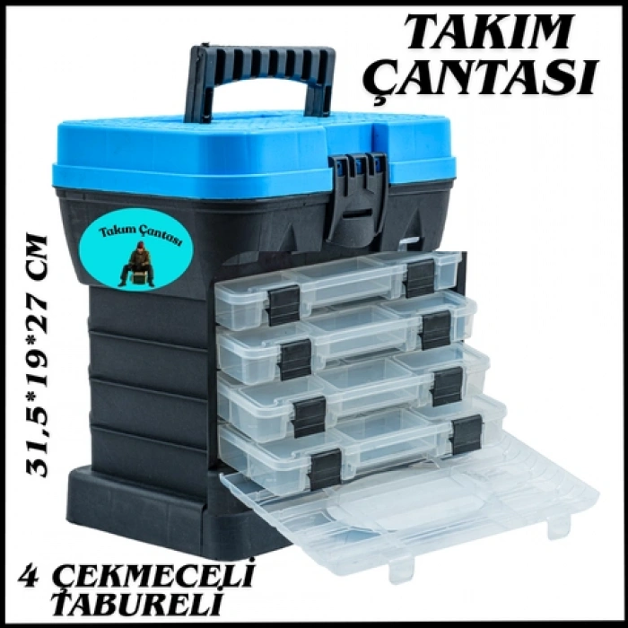 Uyguna-Yakala 4 Çekmeceli  Tabureli Balıkçı Mavi  Takım Çantası -M.018