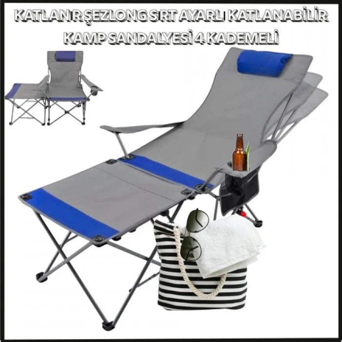 Uyguna-Yakala Gri/Mavi - Katlanır Şezlong Sırt Ayarlı Katlanabilir Kamp Sandalyesi - 4 Kademeli -17A-BG
