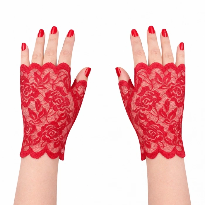 Kırmızı Dantel Parmaksız Kısa Eldiven