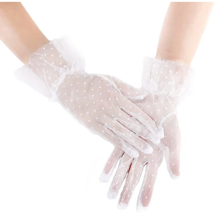 Kısa Boy Güpürlü Beyaz Puantiyeli Tül Eldiven Beyaz Renk