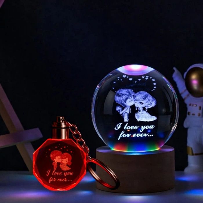 Renk Değiştiren Sevgililer Temalı Cam Küre Ve Işıklı Kristal Anahtarlık