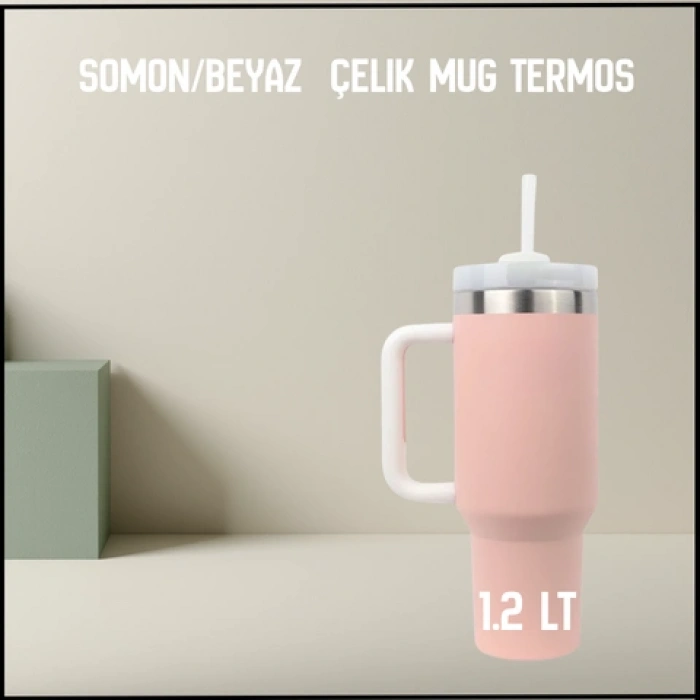 Uyguna-Yakala 1.2 lt - Somon/Beyaz Çelik Mug Termos-ERM.185