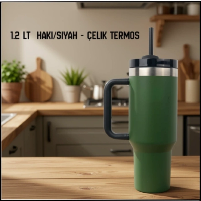 Uyguna-Yakala 1.2 lt Haki/Siyah - Çelik Termos - RM.181