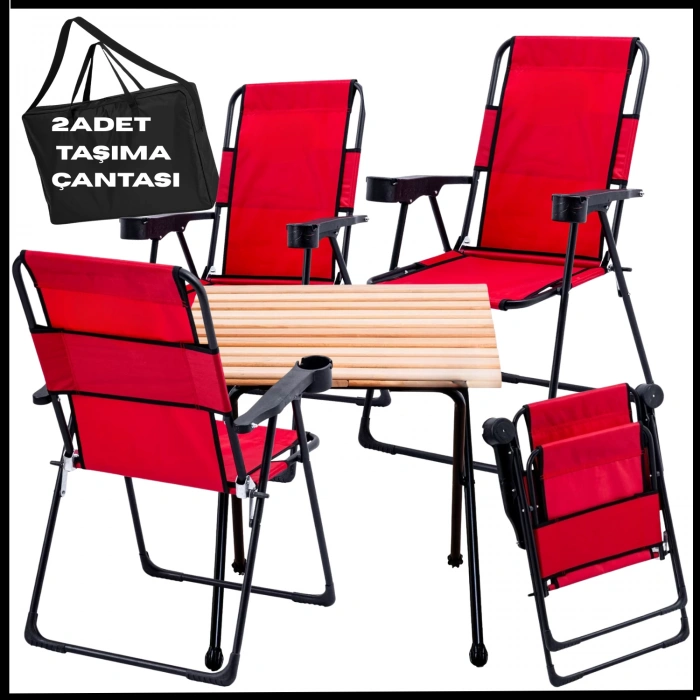 Uyguna-Yakala 130 KG Taşıma Kırmızı  4 Adet Katlanır Kamp Sandalyesi ve Masa Seti -Taşıma Çantalı - TAB.281