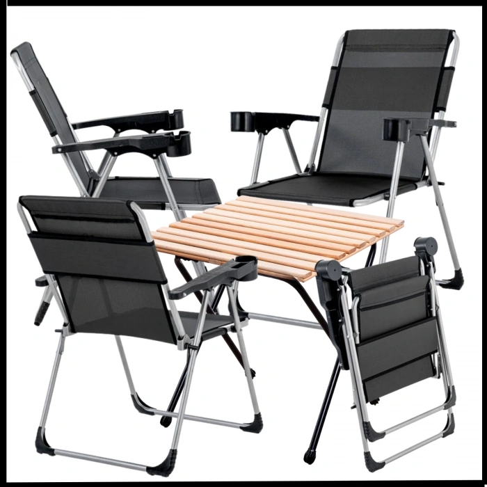 Uyguna-Yakala 140 KG Antrasit  4 Adet Katlanır Kamp Sandalyesi ve Masa Seti  - Bardaklıklı -4RC-A29