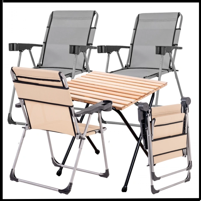 Uyguna-Yakala 140 KG Kül Gri / Bej 4 Adet Katlanır Kamp Sandalyesi ve Masa Seti  - Bardaklıklı - A14/A02