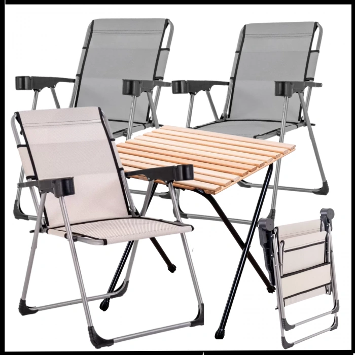 Uyguna-Yakala 140 KG Kül Gri / Kestane 4 Adet Katlanır Kamp Sandalyesi ve Masa Seti  - Bardaklıklı - A14/A22