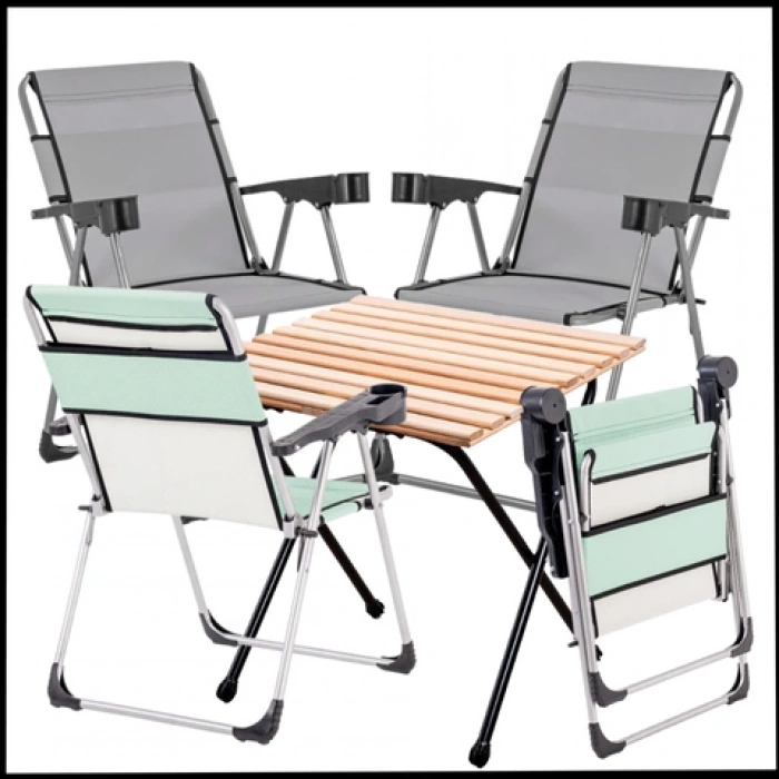Uyguna-Yakala 140 KG  Kül Gri / Su Yeşili 4 Adet Katlanır Kamp Sandalyesi ve Masa Seti  - Bardaklıklı -A14/A03