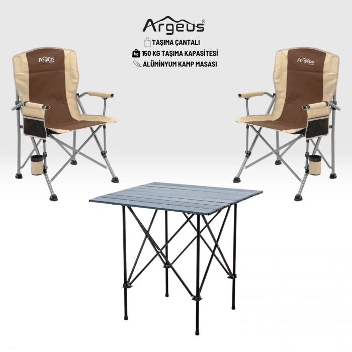 Uyguna-Yakala 2 Adet Katlanır Kamp Sandalyesi ve Alüminyum Masa Seti - Rustic Dark - Kum
