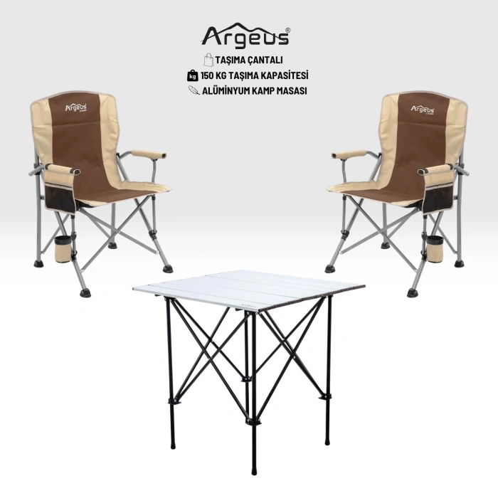 Uyguna-Yakala 2 Adet Katlanır Kamp Sandalyesi ve Alüminyum Masa Seti - Rustic Silver - Kum