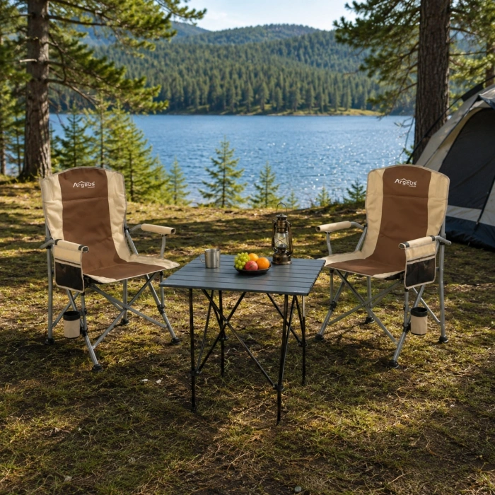 Uyguna-Yakala 2 Adet Katlanır Kamp Sandalyesi ve Alüminyum Masa Seti - Rustic Silver - Kum
