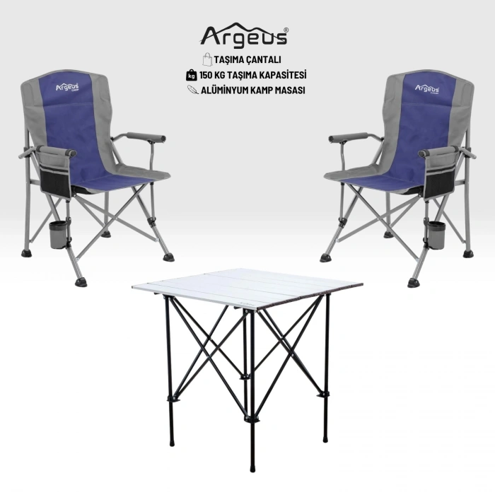 Uyguna-Yakala 2 Adet Katlanır Kamp Sandalyesi ve Alüminyum Masa Seti - Rustic Silver - Mavi