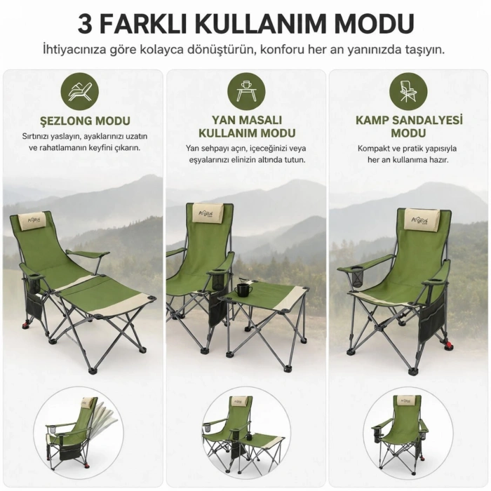 Uyguna-Yakala 2 Adet Şezlong Kamp Sandalyesi ve Masa Seti - Plaj Seti - Lounge Elevate