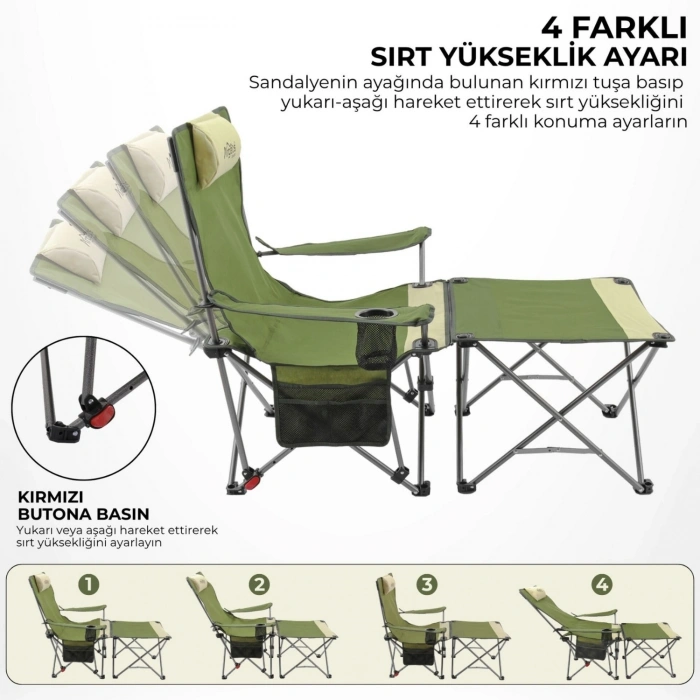Uyguna-Yakala 2 Adet Şezlong Kamp Sandalyesi ve Masa Seti - Plaj Seti - Lounge Elevate - Haki