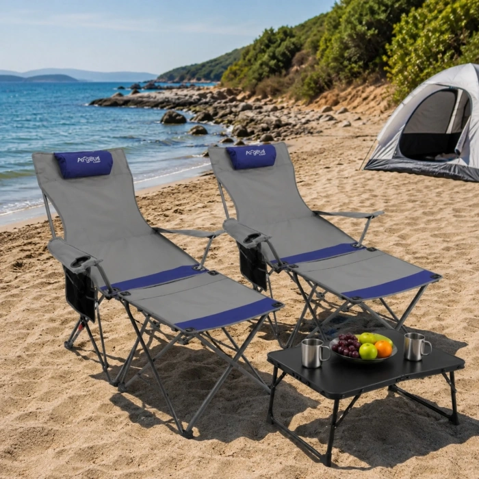 Uyguna-Yakala 2 Adet Şezlong Kamp Sandalyesi ve Masa Seti - Plaj Seti - Lounge Elevate - Mavi