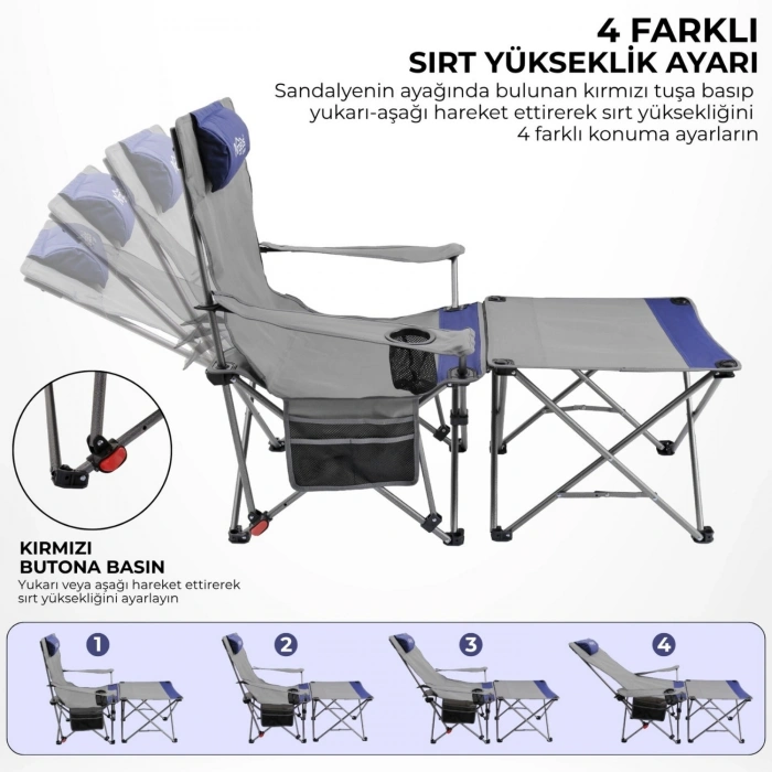 Uyguna-Yakala 2 Adet Şezlong Kamp Sandalyesi ve Masa Seti - Plaj Seti - Lounge Elevate - Mavi