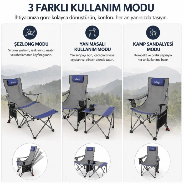 Uyguna-Yakala 2 Adet Şezlong Kamp Sandalyesi ve Masa Seti - Plaj Seti - Lounge Elevate - Mavi
