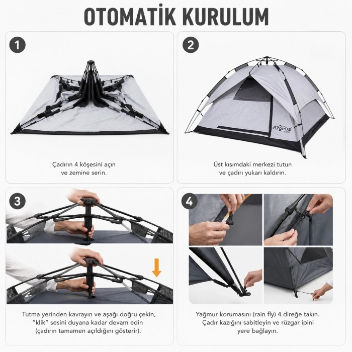 Uyguna-Yakala 3 Kişilik Otomatik Kurulum Kamp Çadırı - 200x200x130cm - Argeus Infinity