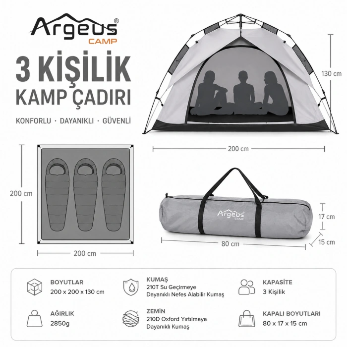 Uyguna-Yakala 3 Kişilik Otomatik Kurulum Kamp Çadırı - 200x200x130cm - Argeus Infinity