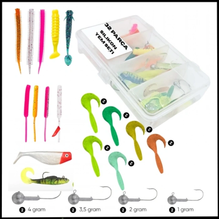 Uyguna-Yakala 32 Parça - Yem Kutulu - Silikon Yem Seti - K-2001