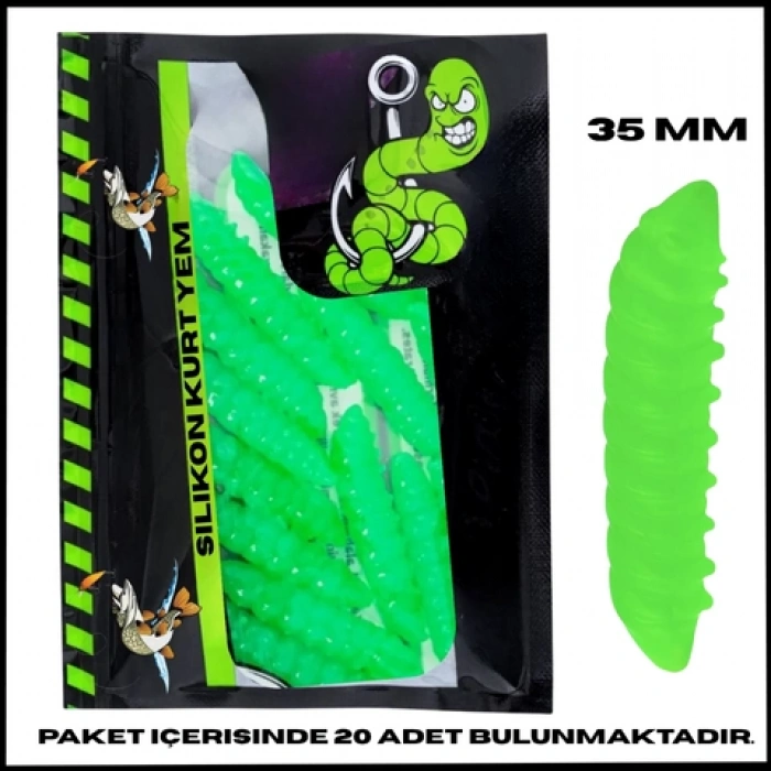 Uyguna-Yakala 35mm- 20 Adet Yeşil  Sarımsak Kokulu Silikon Kurt Yem - UV - Alabalık Yemi-1071-GR-G