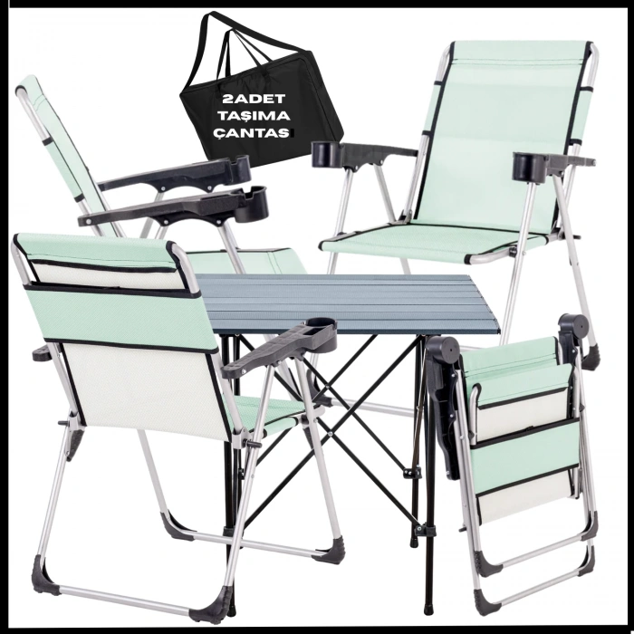 Uyguna-Yakala Su Yeşili - Taşıma Çantalı 4 Adet Katlanır Kamp Sandalyesi ve Alüminyum Masa Seti -A03-ALUA