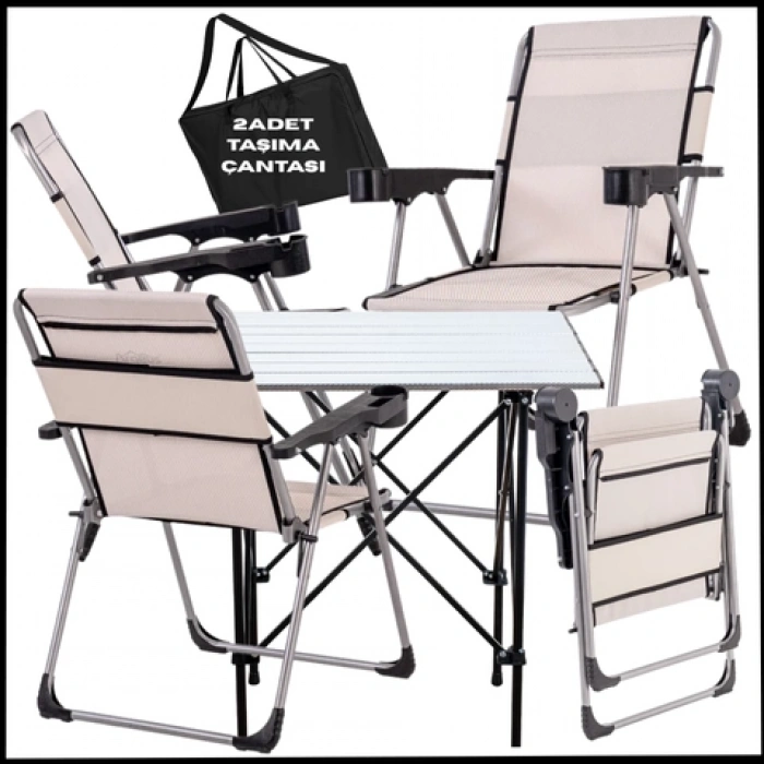 Uyguna-Yakala  Bozkır - Taşıma Çantalı 4 Adet Katlanır Kamp Sandalyesi ve Alüminyum Masa Seti -A21-ALUG