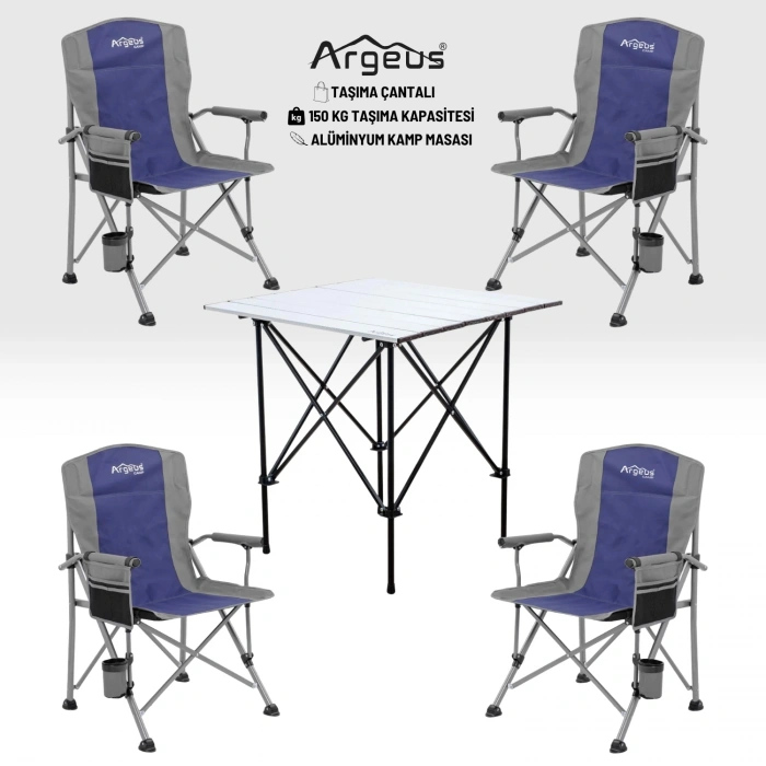 Uyguna-Yakala 4 Adet Katlanır Kamp Sandalyesi ve Alüminyum Masa Seti - Rustic Silver - Mavi