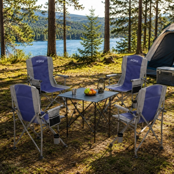 Uyguna-Yakala 4 Adet Katlanır Kamp Sandalyesi ve Alüminyum Masa Seti - Rustic Silver - Mavi